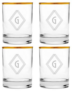 Set of 4 Deco Diamond Monogram Glasses - Gold