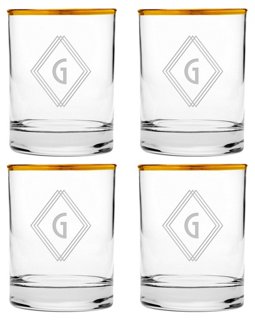 Set of 4 Deco Diamond Monogram Glasses - Gold