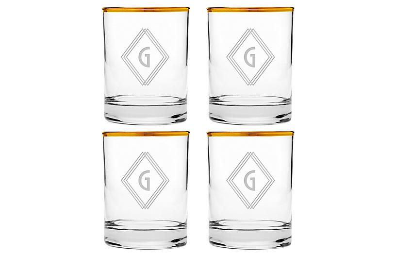 Set of 4 Deco Diamond Monogram Glasses - Gold