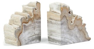 Set of 2 Petrified-Wood Bookends - Light Wood