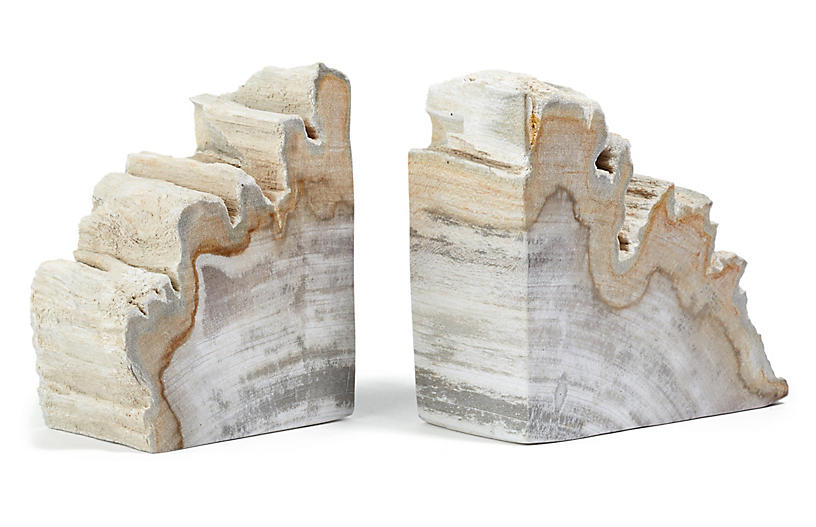 Set of 2 Petrified-Wood Bookends - Light Wood