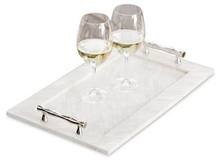 21" Bone Tray with Bamboo Handles, Beige