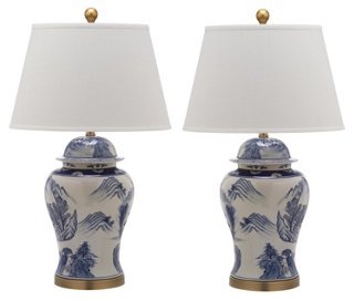 blue and white bedside lamps