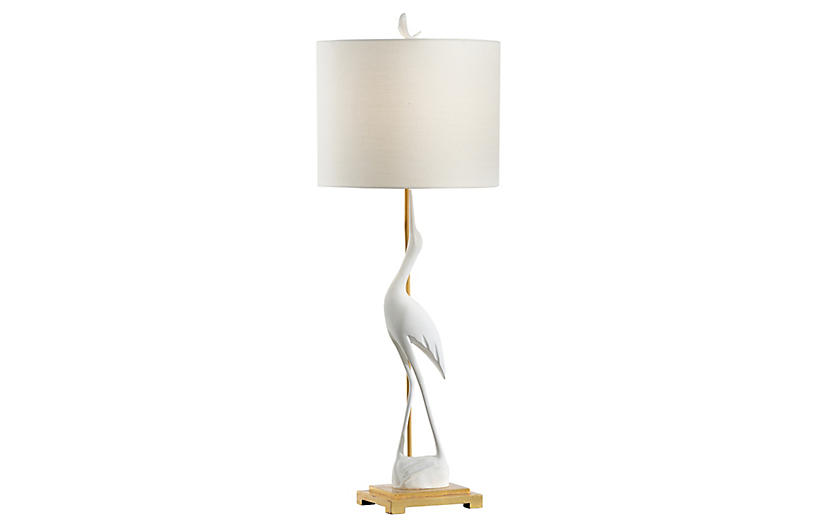 Crane Left Facing Table Lamp White, Crane Table Lamp