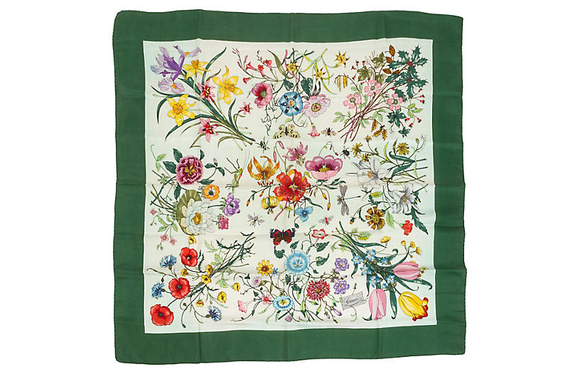 Vintage Lux - Gucci 100% Silk Green Twill Floral Scarf | One Kings Lane